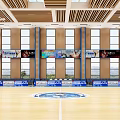 Basketball Gym Featuring Wooden Floor Players Playing Basketball Scoreboard Advertising Boards And Ceiling Design