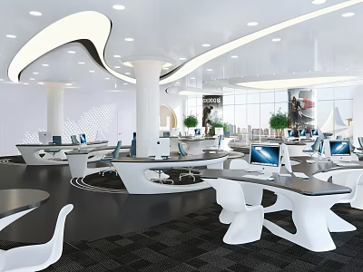 Modern Bright Public Office Space Design With Open Layout White Desks Chairs And Computers 3d model