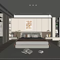 Modern Bedroom Interior With Bed Decorative Painting Wardrobe And Soft Area Rug