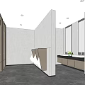Modern Public Restroom Interior With Stalls Vanity Mirrors And Marble Flooring