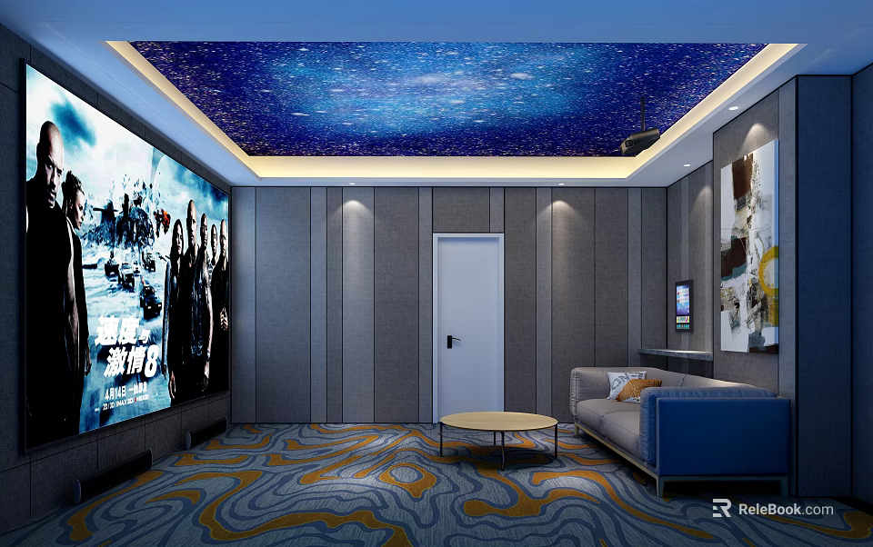 Home Theater Room with Starry Sky Ceiling Large Screen Gray Walls Blue Sofa and Patterned Carpet 3d model 
