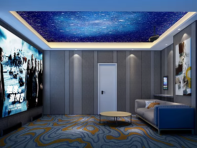 Home Theater Room with Starry Sky Ceiling Large Screen Gray Walls Blue Sofa and Patterned Carpet 3d model
