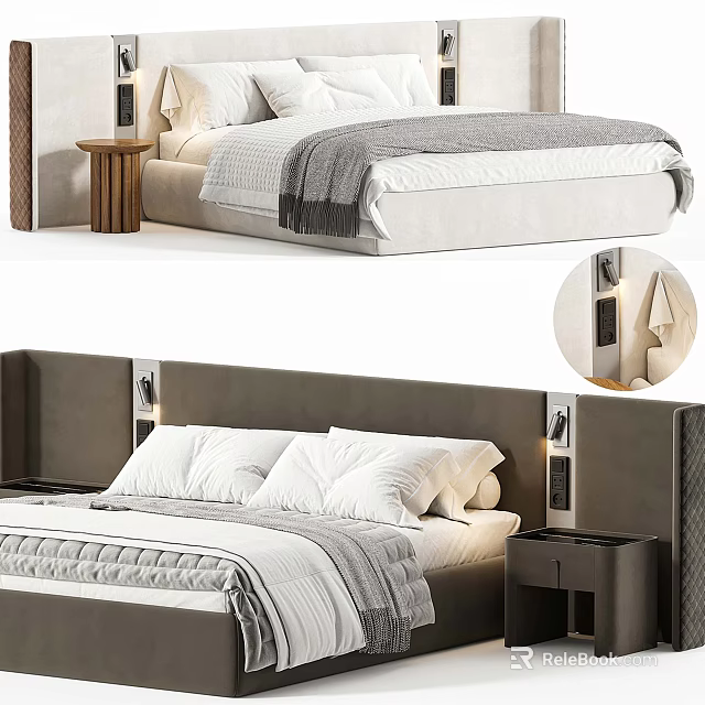 Modern Double Bed With Upholstered Headboard White Linens And Gray Throw Blanket 3d model 