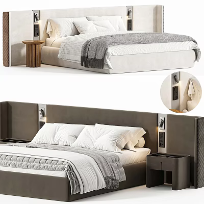 Modern Double Bed With Upholstered Headboard White Linens And Gray Throw Blanket 3d model