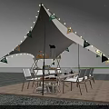White Canopy Tent At Night With String Lights Tables Chairs Floor LED Strips Starry Sky