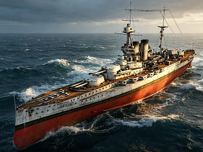 Rusted Warship Sailing On Ocean Waves Under Sunset Glow With Red Bottom And White Hull 3d model