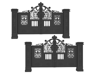 Decorative Black Gates with Intricate Carved Patterns and Ornate Pillars Classic Design for Home Entrance 3d model