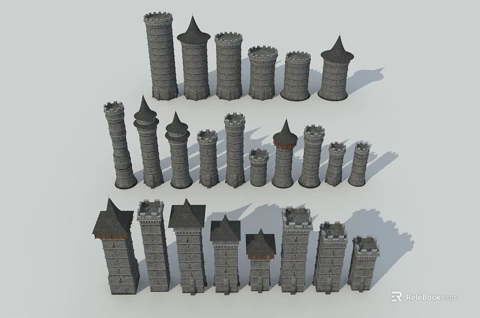Ancient Architecture Various Historic Stone Towers with Diverse Designs and Shapes 3d model 