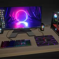 Gaming PC Setup With RGB Lighting Transparent Case Backlit Keyboard Monitor Speakers And Mouse Pad