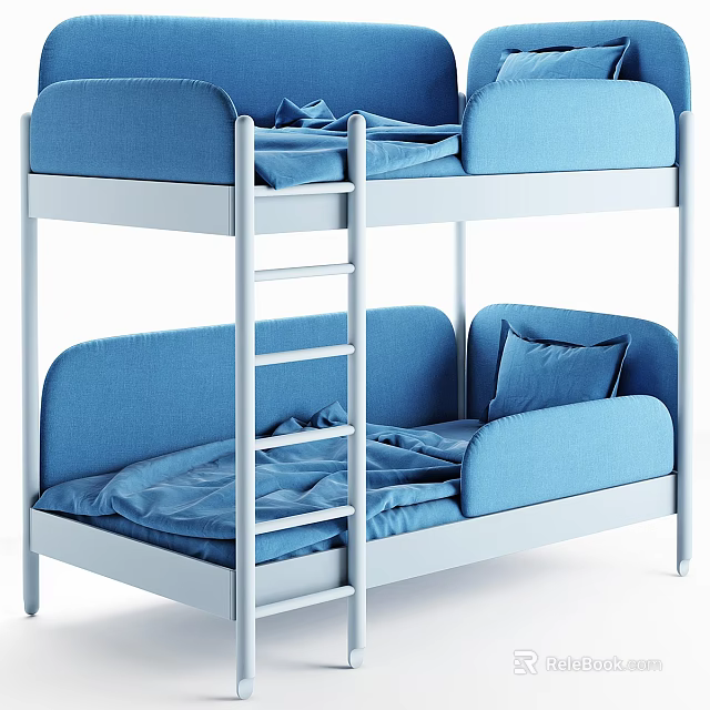 Modern Blue Bunk Bed With White Ladder Cozy Mattress And Soft Pillows 3d model 
