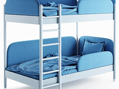 Modern Blue Bunk Bed With White Ladder Cozy Mattress And Soft Pillows 3d model