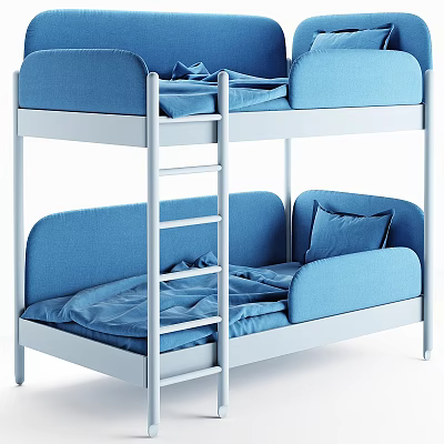 Modern Blue Bunk Bed With White Ladder Cozy Mattress And Soft Pillows 3d model