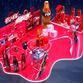 Coca Cola Exhibition Booth Red Themed Design With Large Bottle Models And Visitors