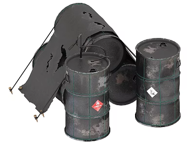 Industrial Storage Equipment Metal Barrels With Wire Mesh And Warning Labels 3d model