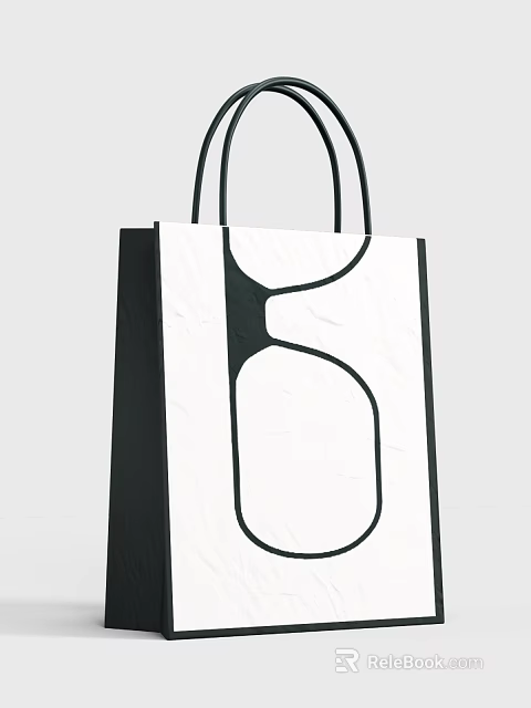Stylish Black And White Shopping Bag With Minimalist Line Design And Handles 3d model 