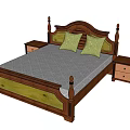 Classic Wooden Double Bed With Brown Frame Gray Mattress Green Pillows And Nightstands