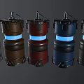 Various Military Grenades With Blue Glowing Elements And Labels Including SHOCK ICEX MODERN CLASSIC