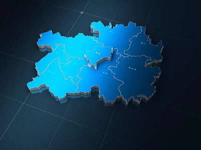 Blue 3D Map Visualization Of Geographic Regions With Grid Background 3d model