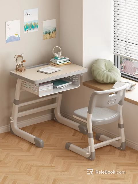 Practical Study Desk With Books Notebook Teddy Bear Headphones Chair And Green Cushion 3d model 
