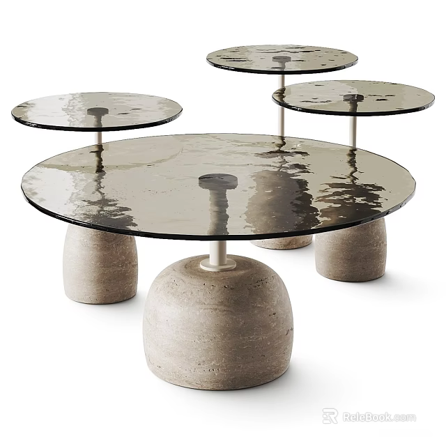 Modern Coffee Tables Set of Four with Glass Tops and Textured Concrete Bases 3d model 
