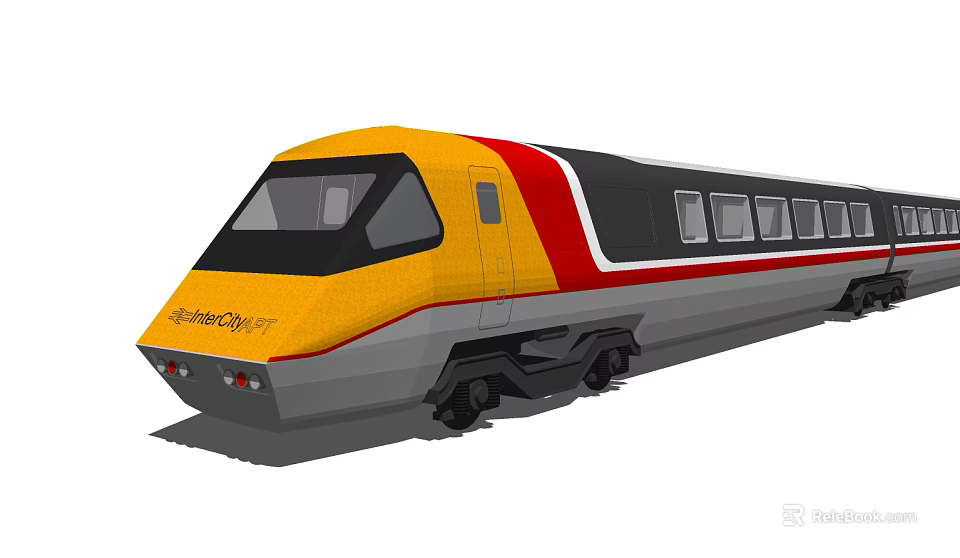 Streamlined Modern Train With Yellow Red Black Exterior And Multiple Windows Design 3d model 