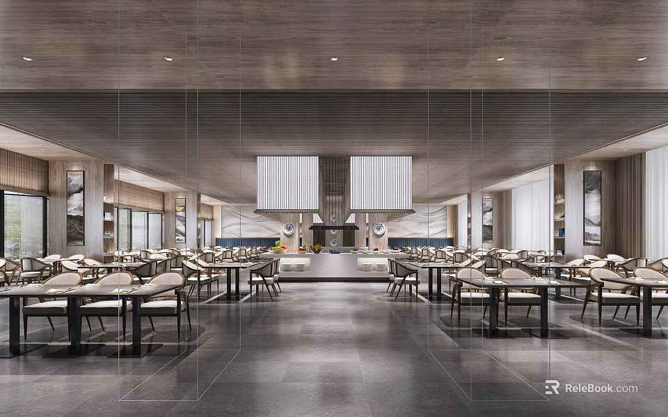 Spacious Modern Restaurant Interior With Wooden Ceiling Open Kitchen Tables And Bright Lighting 3d model 
