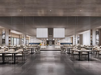 Spacious Modern Restaurant Interior With Wooden Ceiling Open Kitchen Tables And Bright Lighting 3d model