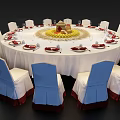 Elegant Round Dining Table Set with White Tablecloth Red Decorative Patterns and Yellow Centerpiece 3d model