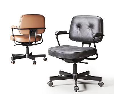Brown And Gray Leather Office Chair With Button Tufted Back Armrests And Wheels 3d model