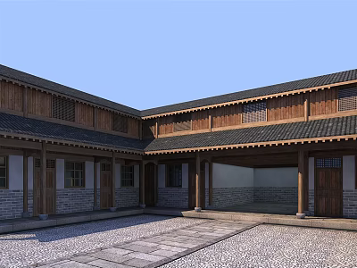 Traditional Ancient Architecture Courtyard With Wooden Structure Tile Roof And Stone Pavement 3d model