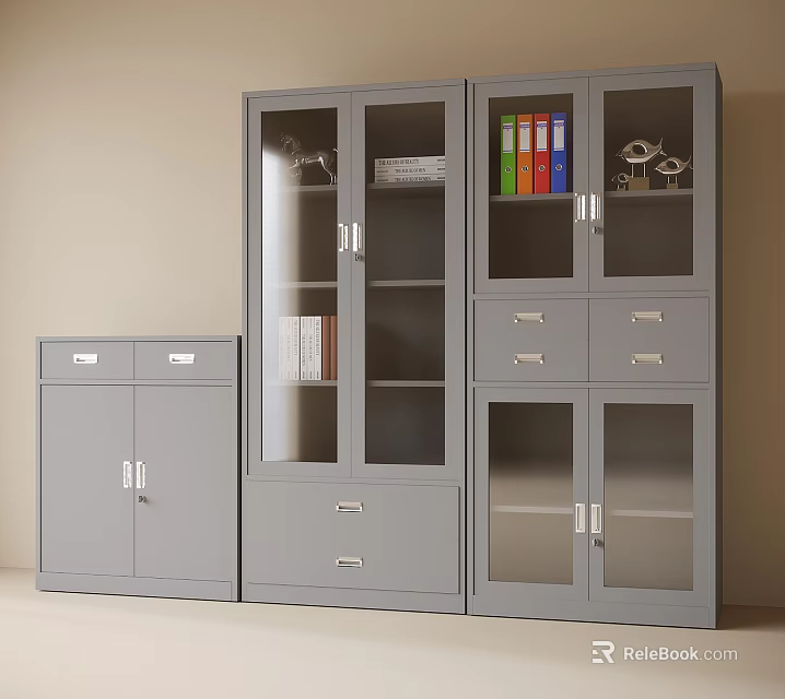 Gray Metal Office Storage Cabinets With Glass Doors And Drawers 3d model 