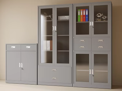 Gray Metal Office Storage Cabinets With Glass Doors And Drawers 3d model
