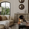 Elegant Living and Dining Room Interior with Arched Windows Crystal Chandelier Fireplace and Green Plants