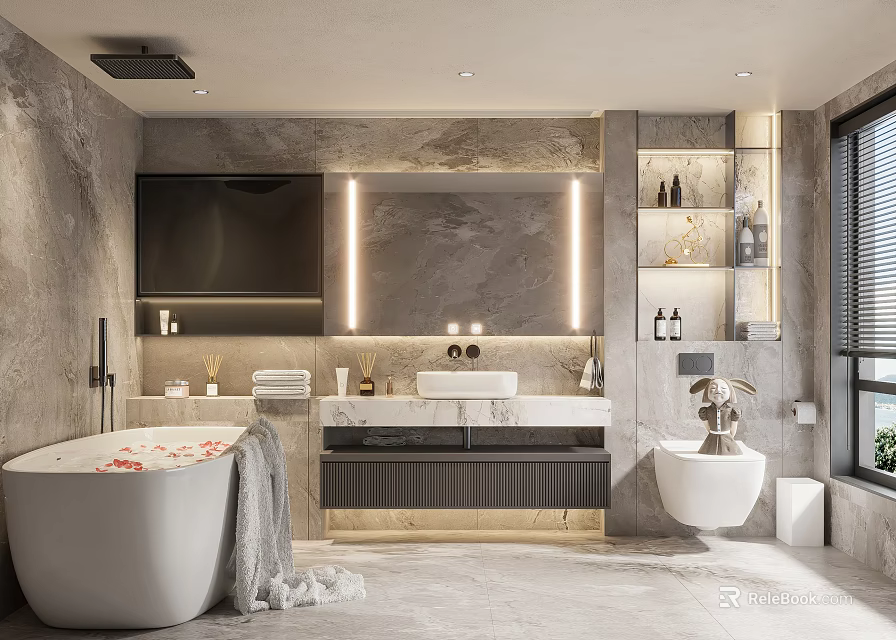 Modern Bathroom Interior With Freestanding Bathtub Vanity Mirror LED Lighting And Marble Walls 3d model 