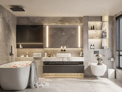Modern Bathroom Interior With Freestanding Bathtub Vanity Mirror LED Lighting And Marble Walls 3d model