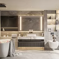 Modern Bathroom Interior With Freestanding Bathtub Vanity Mirror LED Lighting And Marble Walls