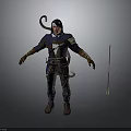 Hooded Character In Blue Outfit With Brown Leather Accents And Spear