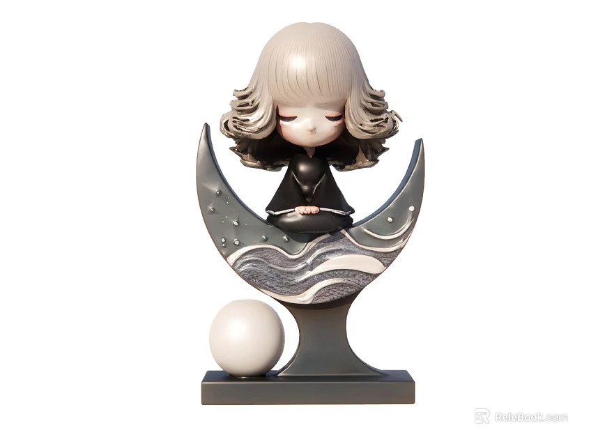 Elegant Girl Figurine Sitting On Crescent Moon Base With Spherical Ornament 3d model 