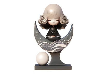 Elegant Girl Figurine Sitting On Crescent Moon Base With Spherical Ornament 3d model