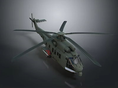 Green Military Transport Helicopter With Rotors Fuselage Windows On Dark Background 3d model