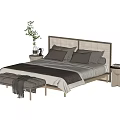 Double Bed with Wicker Headboard Gray Pillows Bed Bench and Nightstand with Plants 3d model