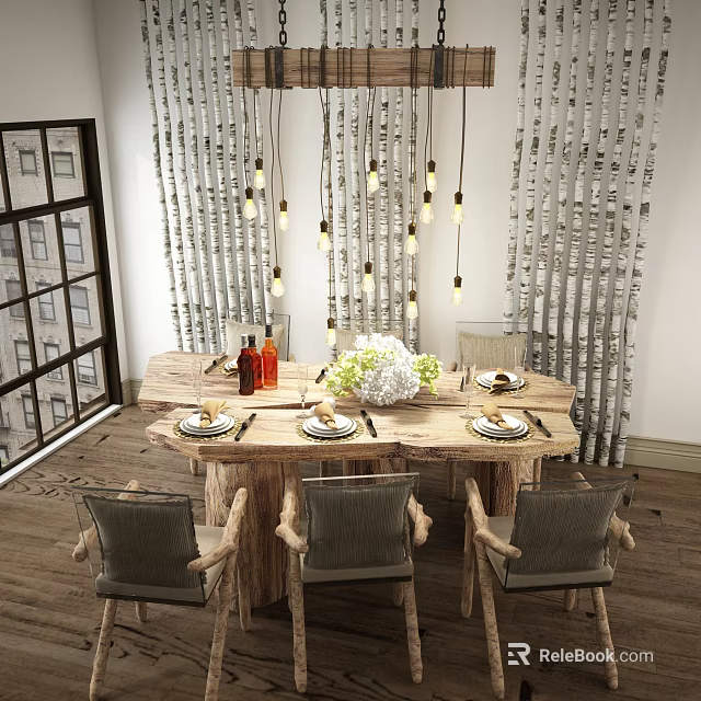 Wooden Dining Table Set with Four Gray Chairs Tableware White Flower Vase and Hanging Lights 3d model 