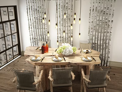 Wooden Dining Table Set with Four Gray Chairs Tableware White Flower Vase and Hanging Lights 3d model