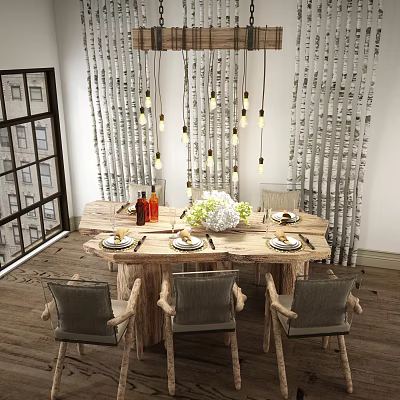 Wooden Dining Table Set with Four Gray Chairs Tableware White Flower Vase and Hanging Lights 3d model