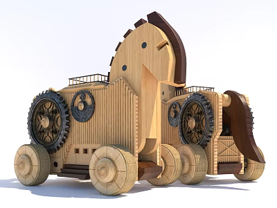 Wooden Mechanical Horse Like Structure With Large Wheels And Decorative Gears 3d model