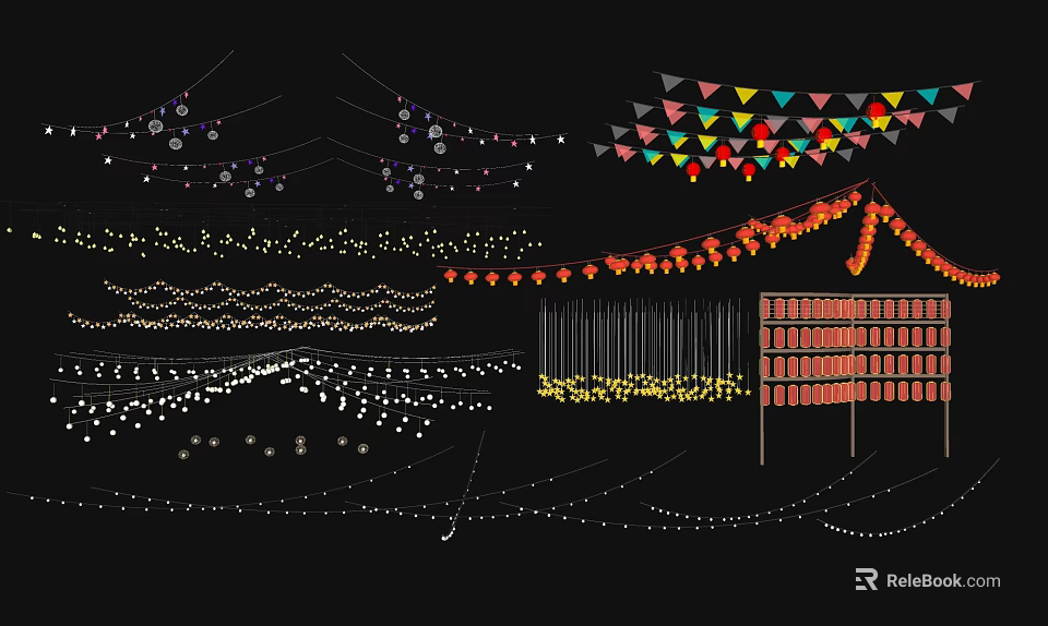 Colorful Hanging Decorative Lights With Various String Designs For Festive Decorations 3d model 