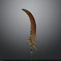 Ornate Curved Blade Weapon With Red Orange Design And Metallic Edge