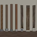 Various Wooden Columns With Different Textures And Base Designs On Herringbone Floor 3d model