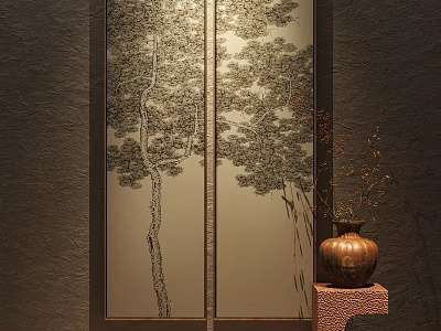 Traditional Chinese Decorative Screen With Tree Pattern And Ceramic Vase On Pedestal 3d model