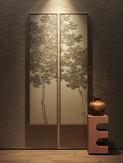 Traditional Chinese Decorative Screen With Tree Pattern And Ceramic Vase On Pedestal 3d model
